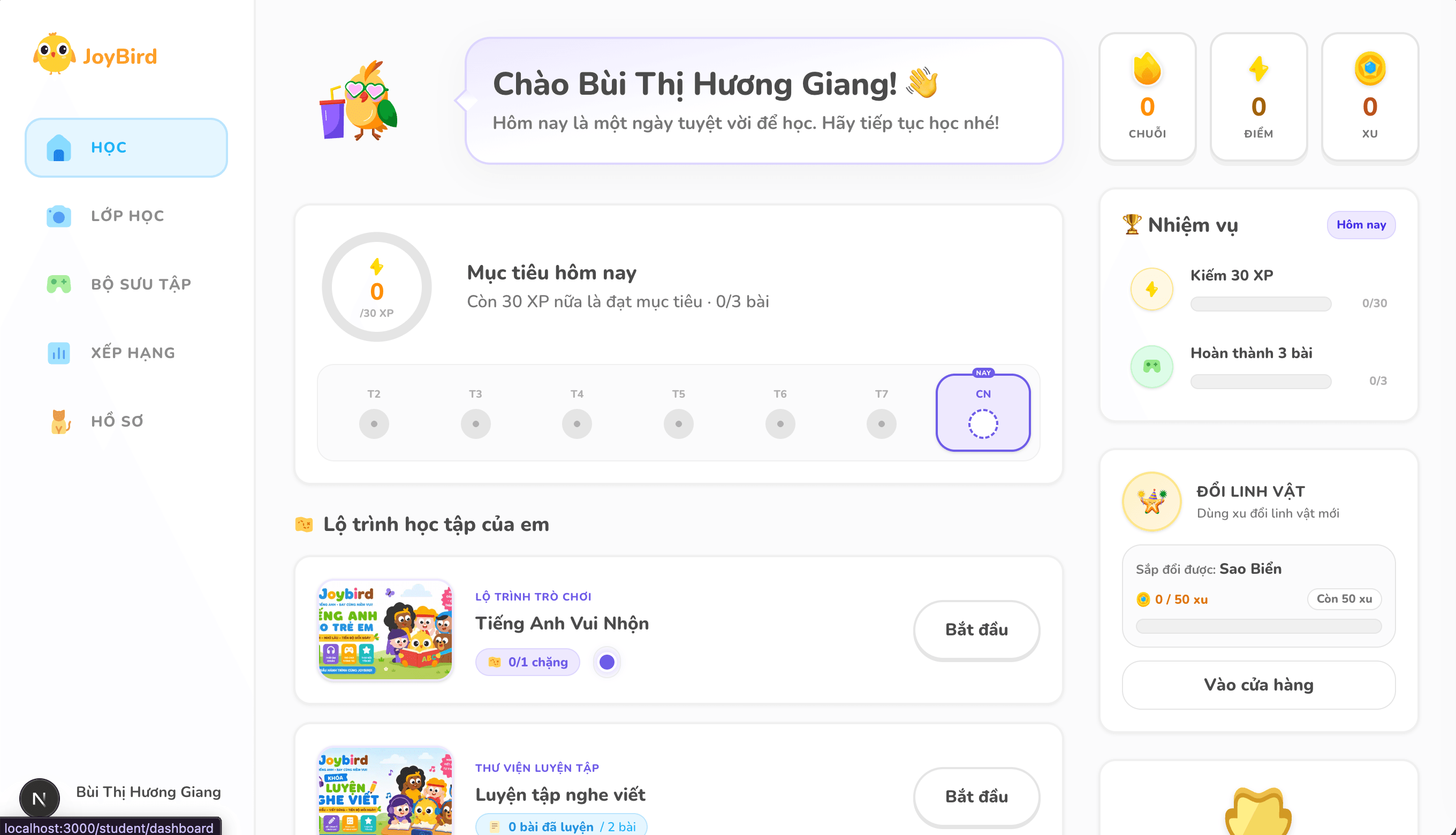 Linh vật đồng hành làm Avatar khi học viên học bài