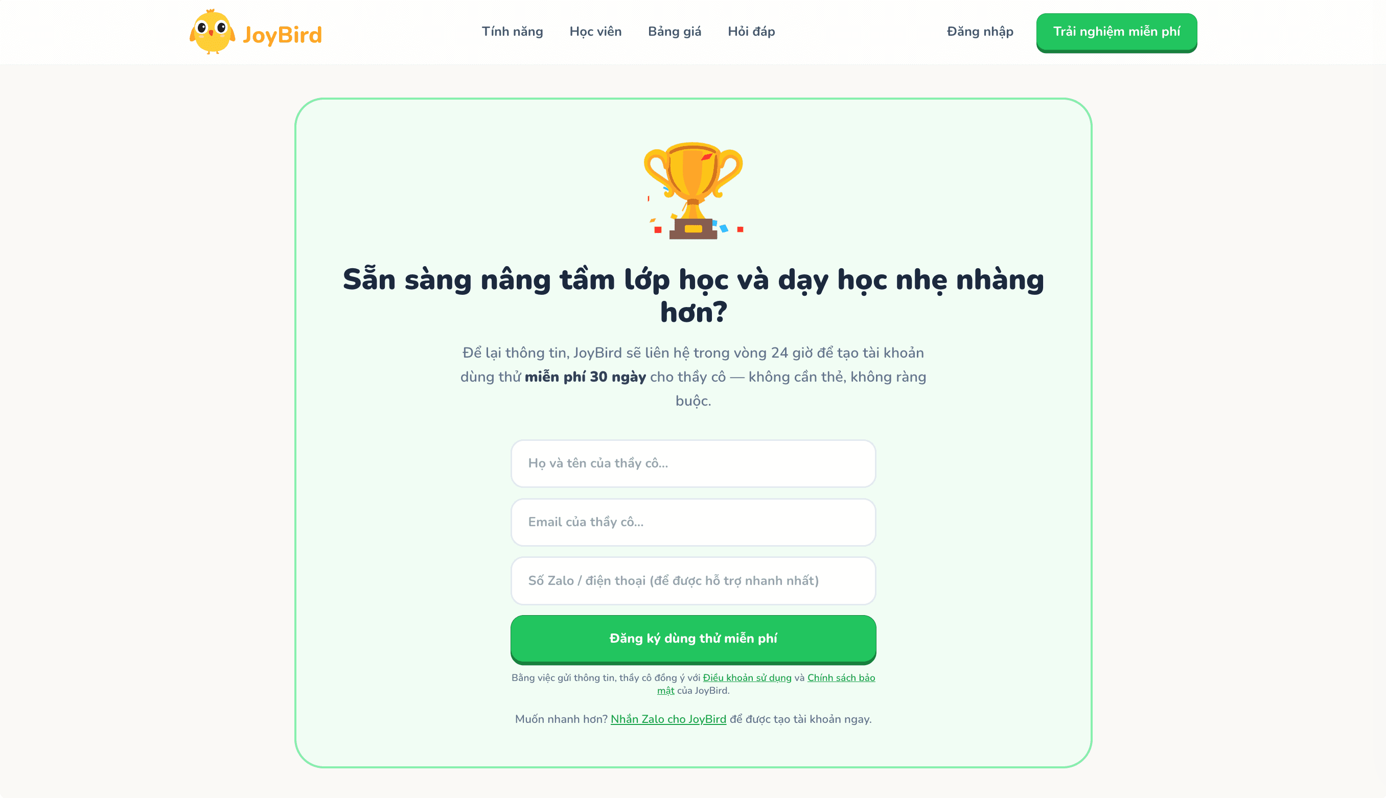 Trang chủ joybird.app với nút Đăng ký trải nghiệm được khoanh đỏ