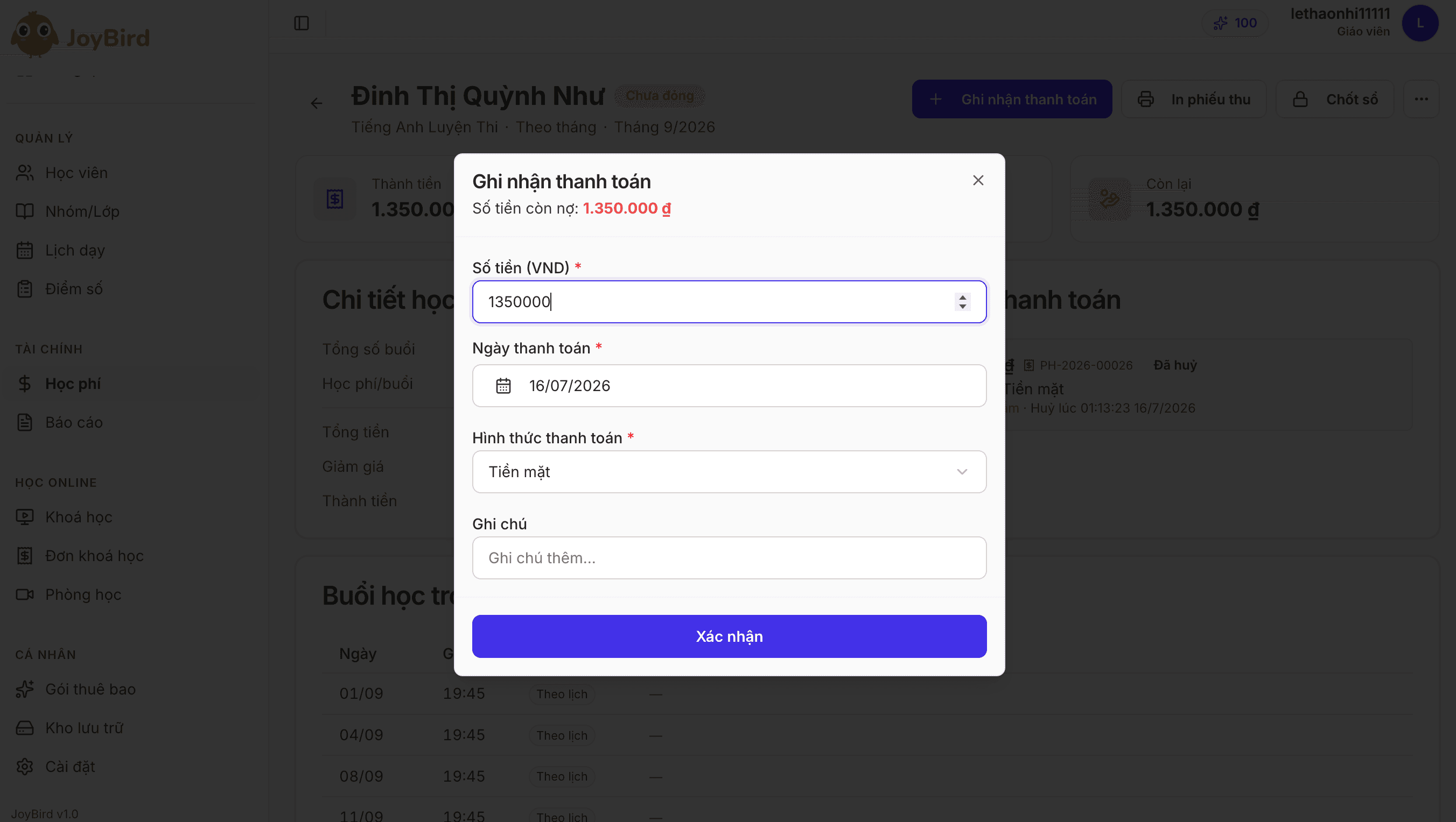 Ghi nhận thanh toán