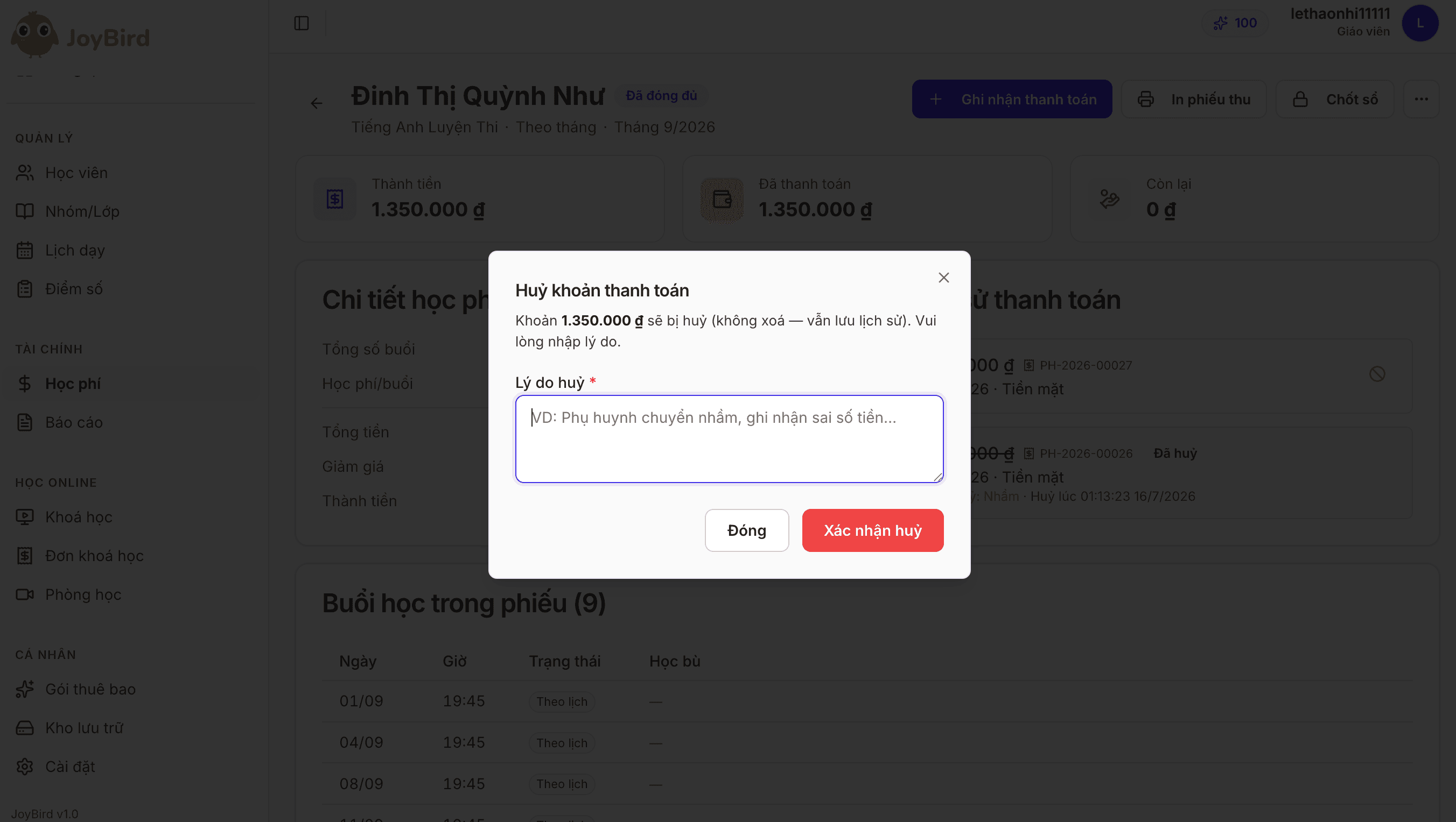 Ghi nhầm - huỷ khoản thu