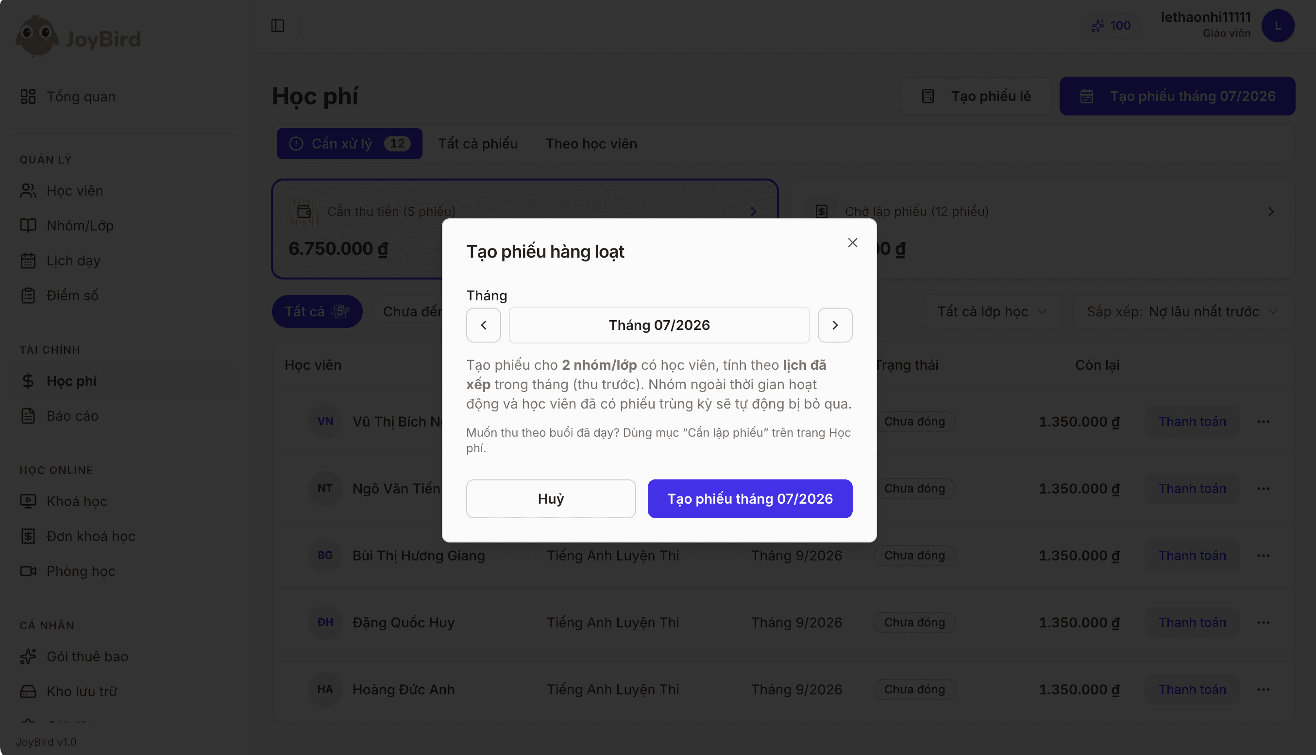 Tạo phiếu cả tháng